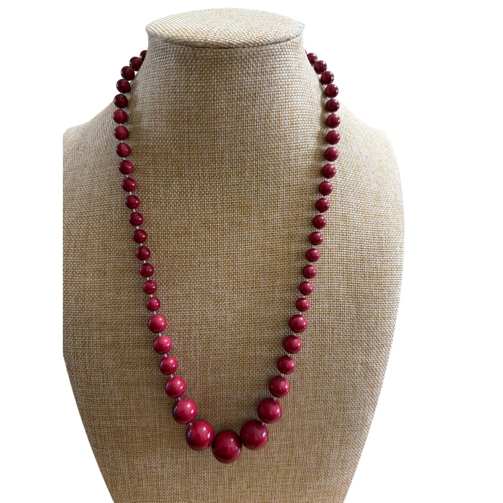 Vintage Deep Red Graduated Bead Necklace Burgundy Round Polished Mid Century